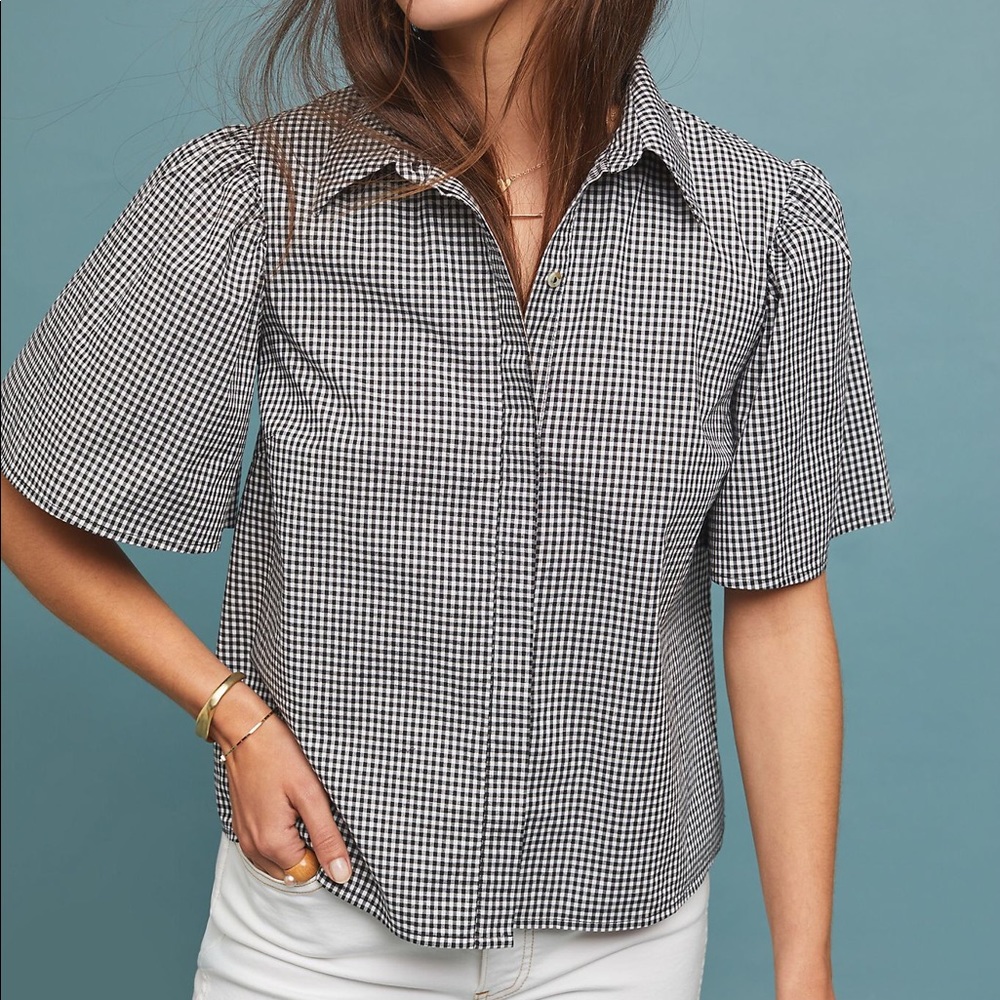 Anthropologie gingham puff sleeved blouse